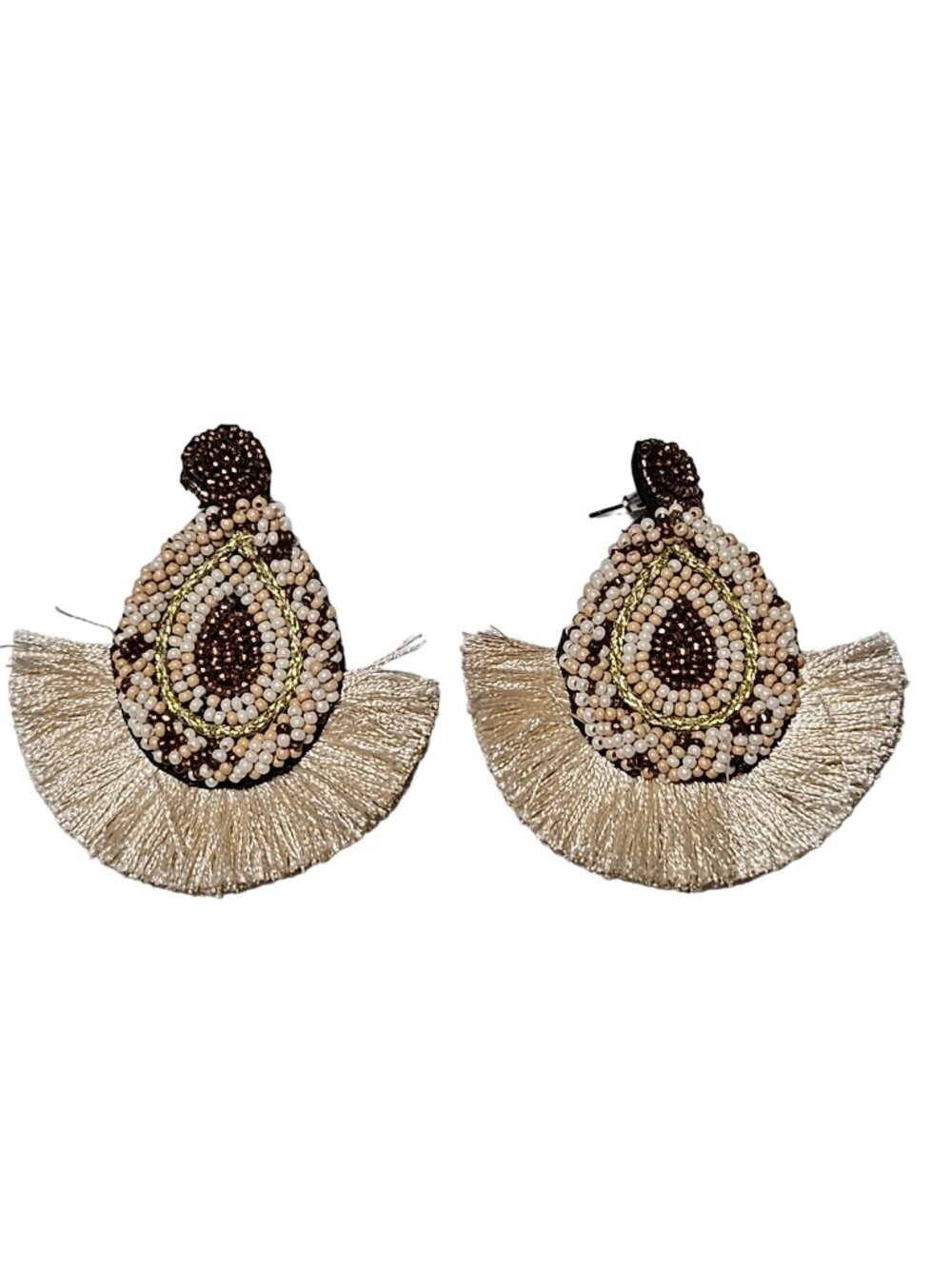 Handmade Seed Beaded Tassel Earrings  Brown Tan Beads Boho Fashion Jewelry Women